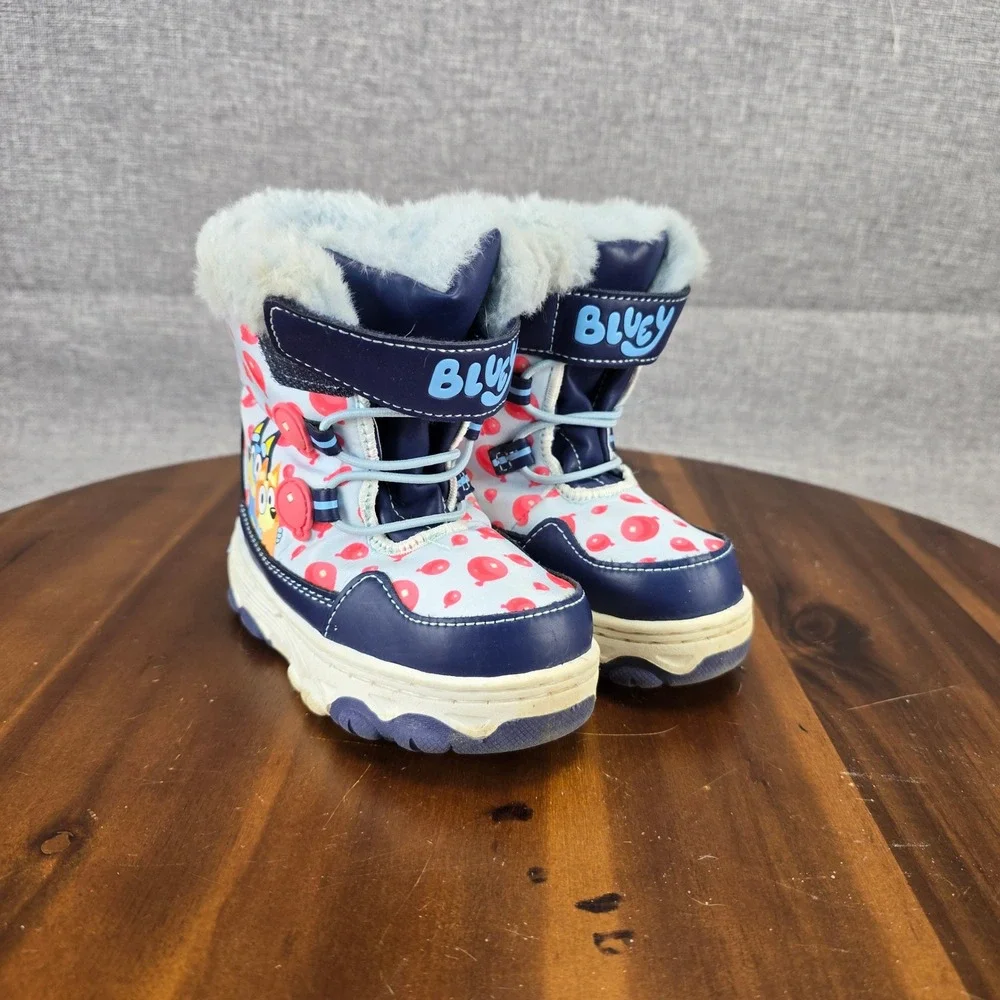Bluey Bingo Kids Winter Snow Boots Blue Red Balloon Print Faux Fur Sz 7 36112035